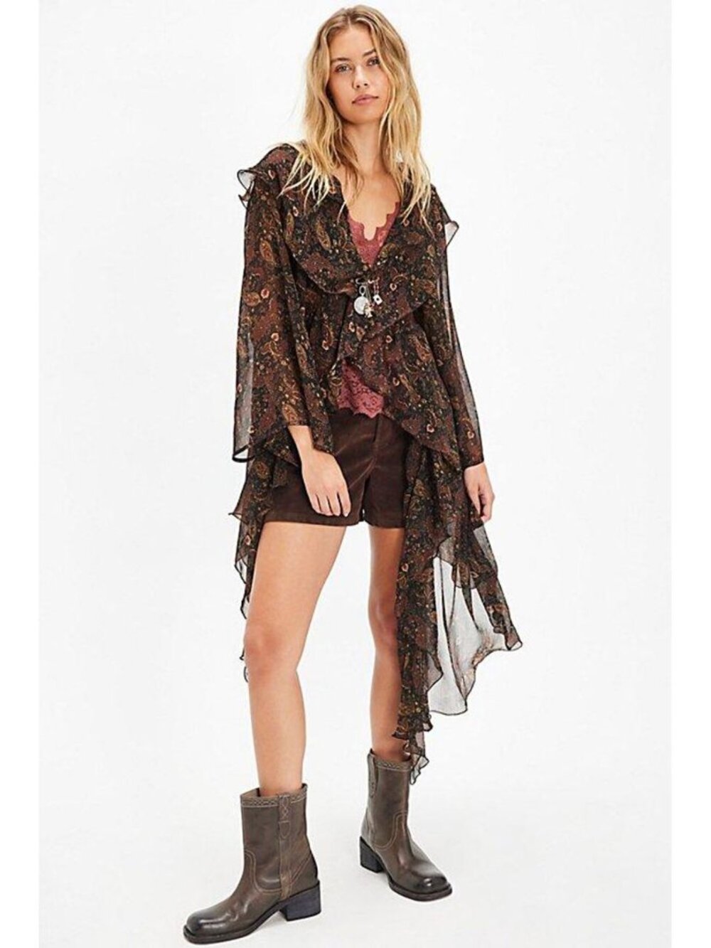 Free People Sheer Brown Paisley Ruffle Duster
